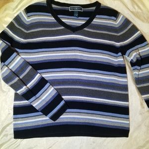 Large Blue Striped V neck sweater Karen Scott